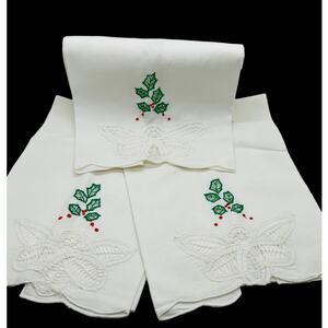 Vintage Battenburg White Cotton Christmas Tea Towels Set of 3 Holly & Berries